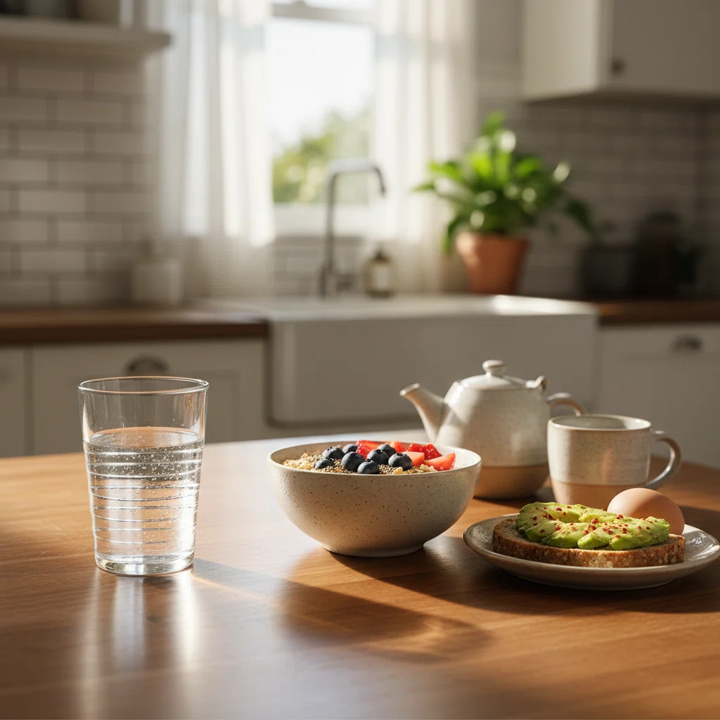 Anonyme Person von hinten in heller Küche mit Kaffeetasse - Morgenroutine Nahrungsergänzung aktiver Alltag